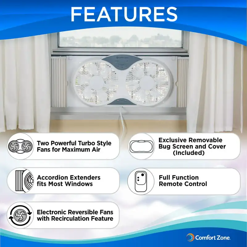 

3-Speed Reversible Twin Window Fan with Remote Control, White