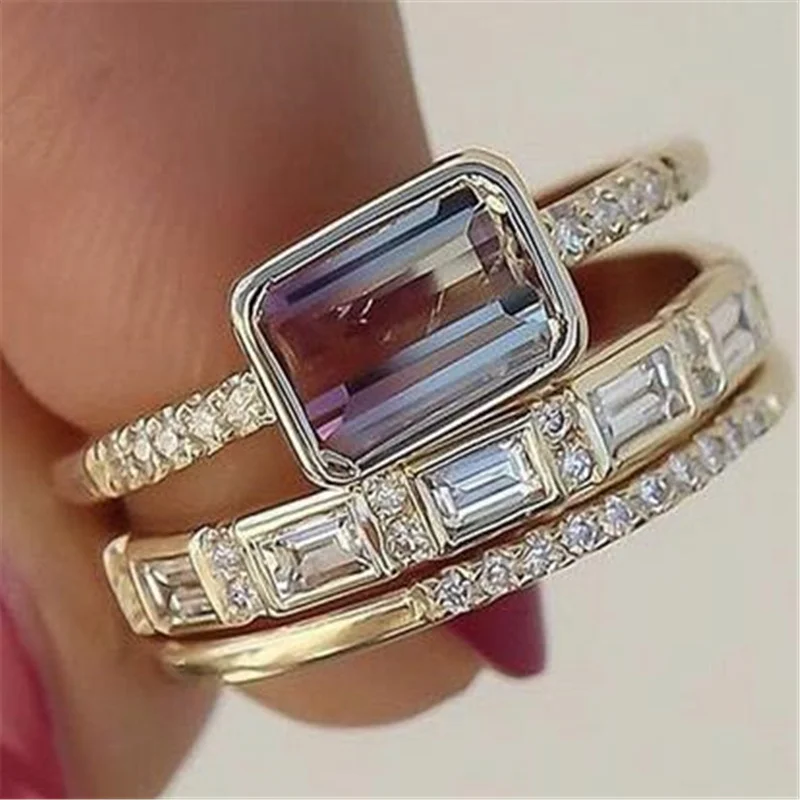 

3 PCS/Set Trendy Geometric Cubic Zircon Wedding Ring Set For Women Party Engagement Jewelry Copper Hand Accessories Size 5-11