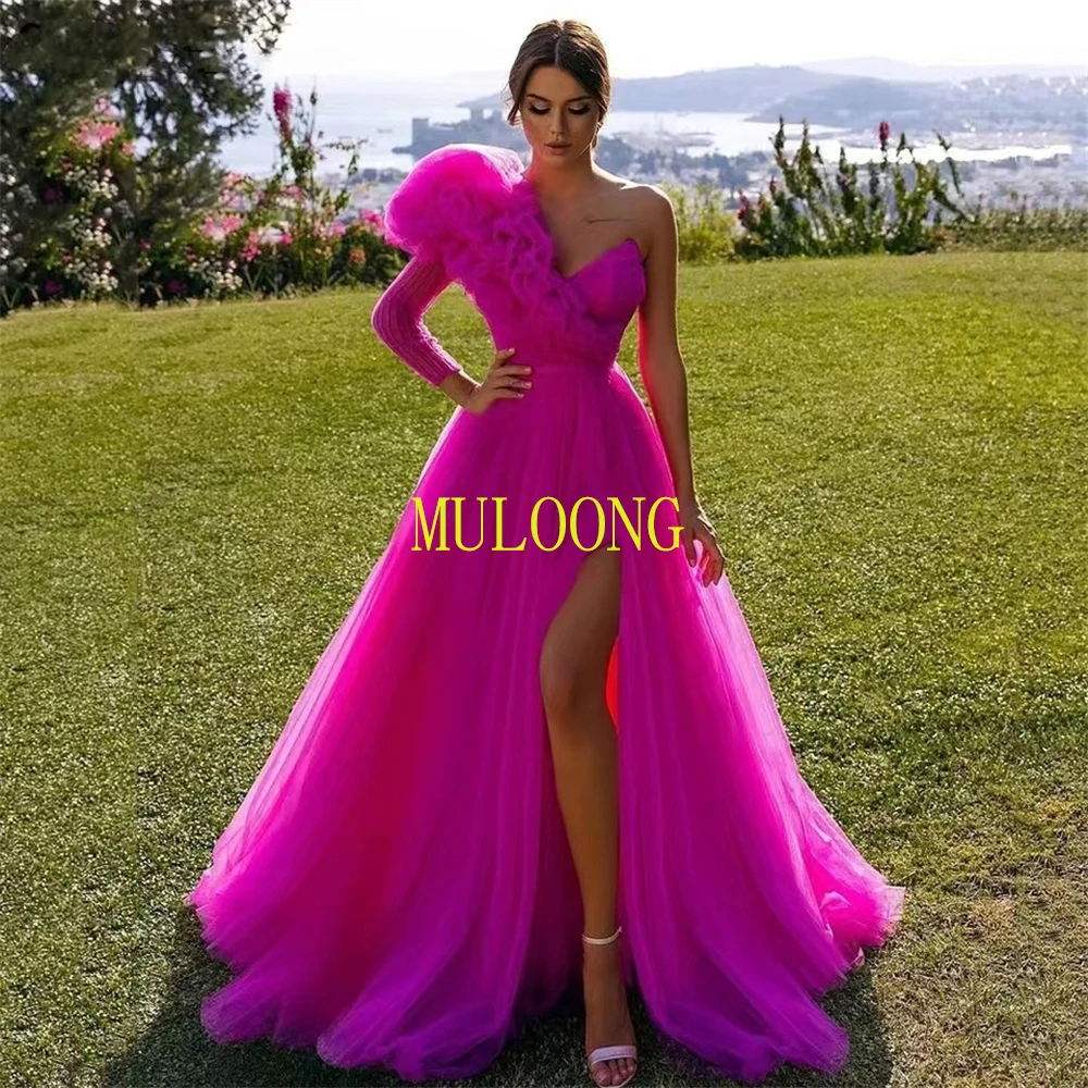 

MINGLAN Tulle Evening Dresses Vestidos De Fiesta One Sleeve V-neck Puff Organza Arabic Dubai Formal Gowns Leg Slit Evening Gowns