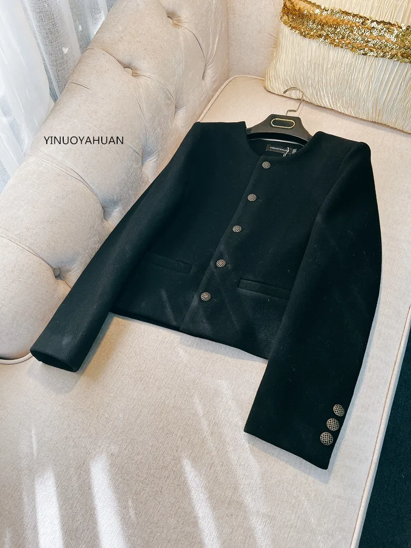 YINUOYAHUAN женское черное шерстяное пальто 2024 зимняя женская элегантная верхняя