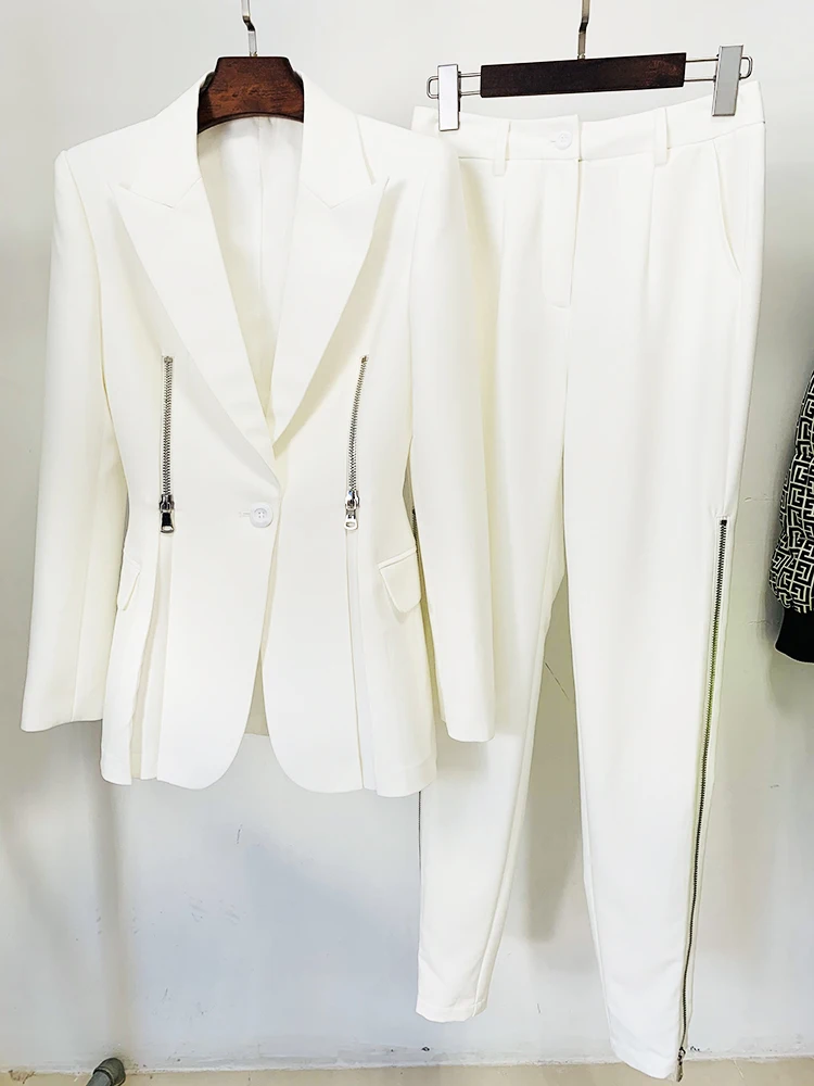HIGH QUALITY Newest 2023 Designer Fashion Jacket Sets Women's One Button Zippers Split Blazer Pants Suit