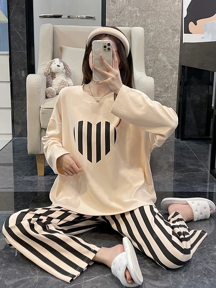 Pajamas Women Autumn and Winter Pure Cotton Long sleeve New Spring Summer Cute Set Plus size Student Hom...