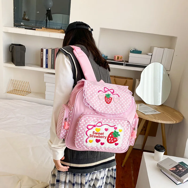 

Japanese Kawaii Children's Backpacks Harajuku Style Schoolbag Lace Embroidery Strawberry Cute Girls Bag Student Satchel Mochila