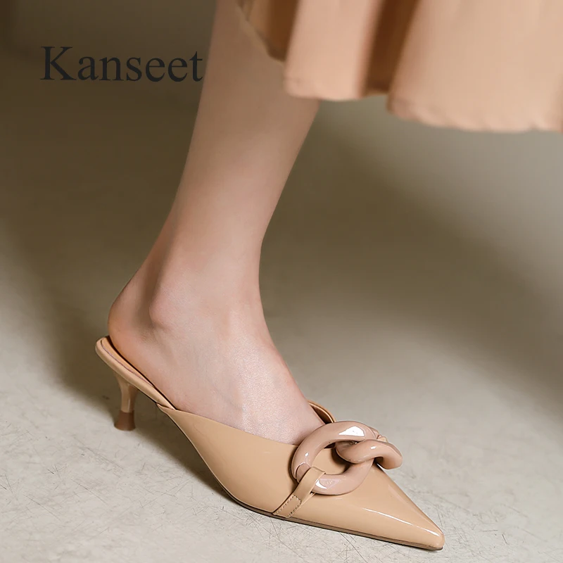 

Kanseet Summer Newest 2022 Women Shoes Cow Patent Leather Handmade 5.5cm High Heel Slippers Apricot Pointed Toe Fashion Mules 40