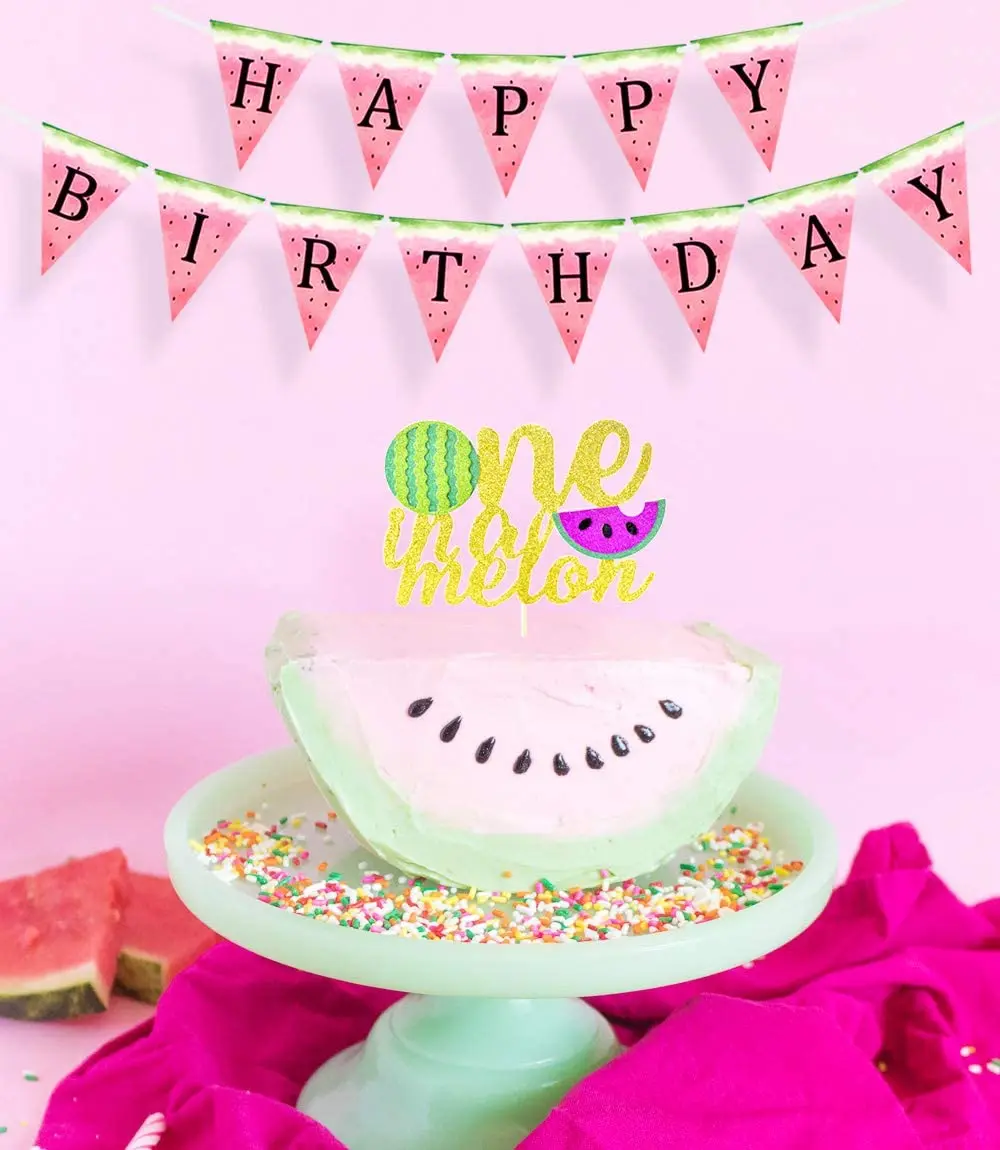 

CHEEREVEAL Watermelon Theme Party Decoration Happy Birthday Banner Cake Topper for Boy and Girl 1st Birthday Party Supplies