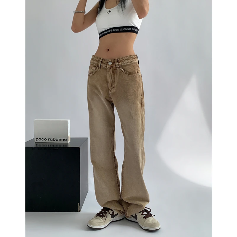 

Khaki High Waist Women's Jeans Vintage Streetwear Style Straight Trouser Fashion Casual Autumn New Multiple Pockets Denim Pants