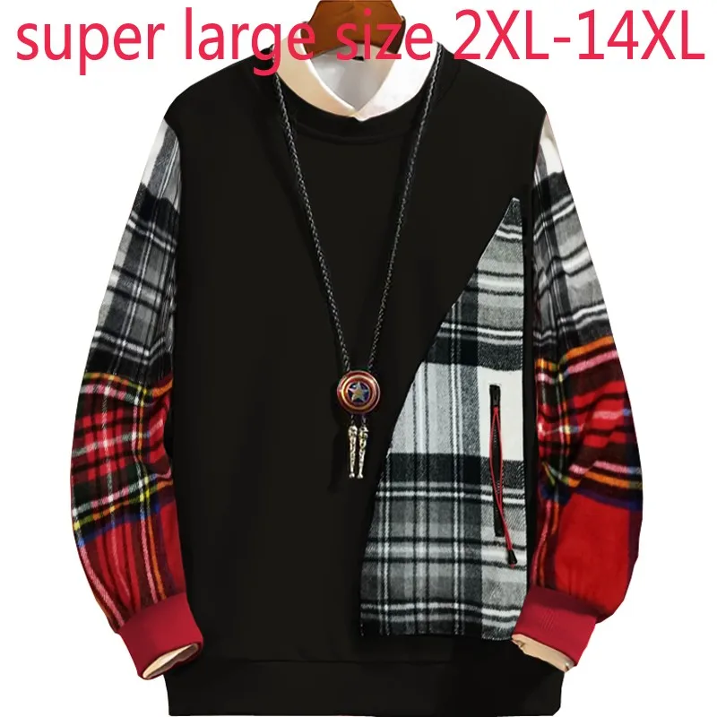 

New Arrival Fashion Autumn Winter Large Extra Splicing Loose O-neck Plaid Thick Hoodie Men Plus Size 2XL-7XL 8XL 9XL 10XL 12XL