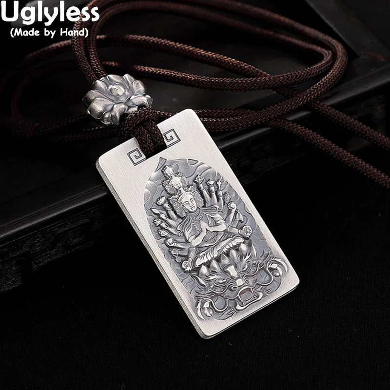 

Uglyless 100% Real Solid 999 Pure Silver Buddha Necklaces Handmade Buddhism Square Pendants With Rope Chains Thai Silver Jewelry