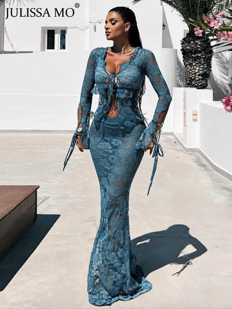 

JULISSA MO Lace See Through Long Sleeve Top Shirts Blue And Maxi Skirt Bodycon Sexy Two Piece Sets Beach Outfits Women Autumn