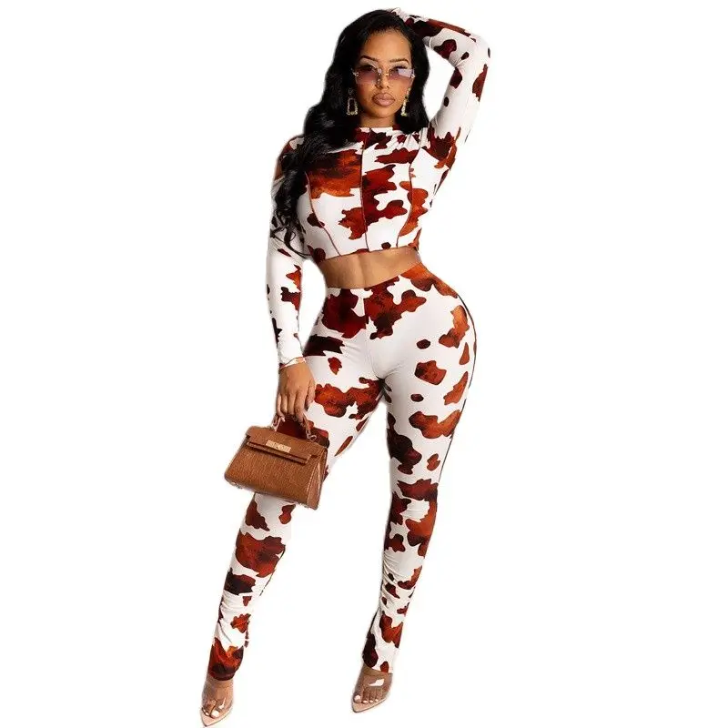 

Fashion Women's Sports Suit 2022 Spring And Summer New Two Piece Set Women Print Stand Collar Short Yoga Pants Suit Tide