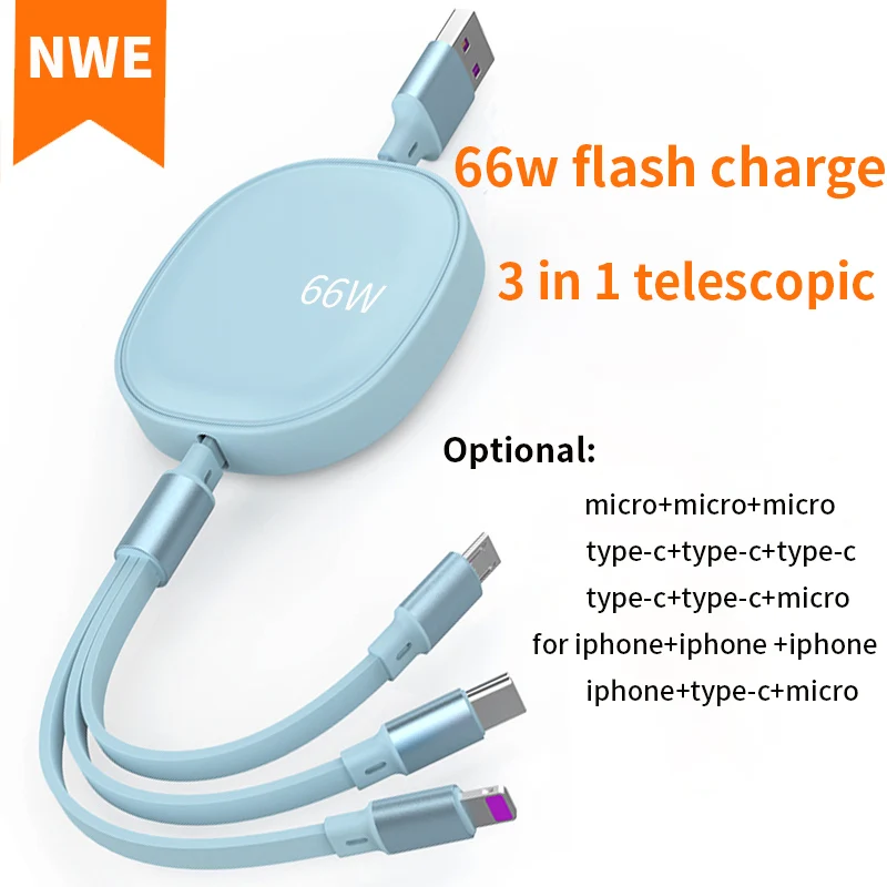 

120cm 3 In 1 USB Charge Cable for iPhone 13 12 iPhone X 8 Samsung Micro USB Type C Cable Retractable Portable Charging Cable