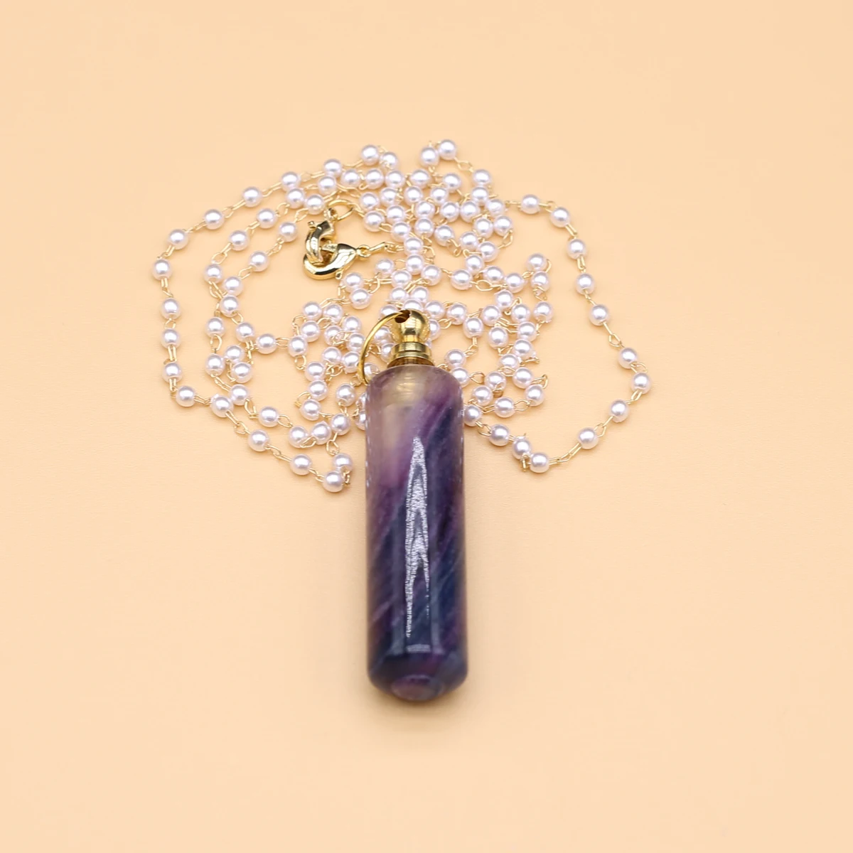 

Natural Fluorite Perfume Bottle Pendant Necklace Stones Essential Oil Diffuser Pearl Chain Necklaces for Women Jewelry 12x48mm