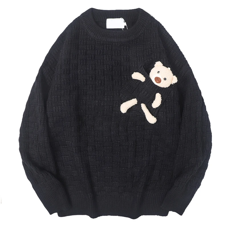 

Men Causal Kintted Pullovers Solid O-neck Cute Bear Sweater Japanese Harajuku Loosed Unisex Jumpers 2022 Autumn Knitwear Apricot