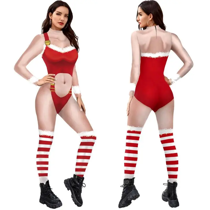 

Color Cosplayer Christmas Party Cosplay Costume Women Santa Printed Catsuit Long Sleeve Skinny Jumpsuits Zentai Suit Bodysuits