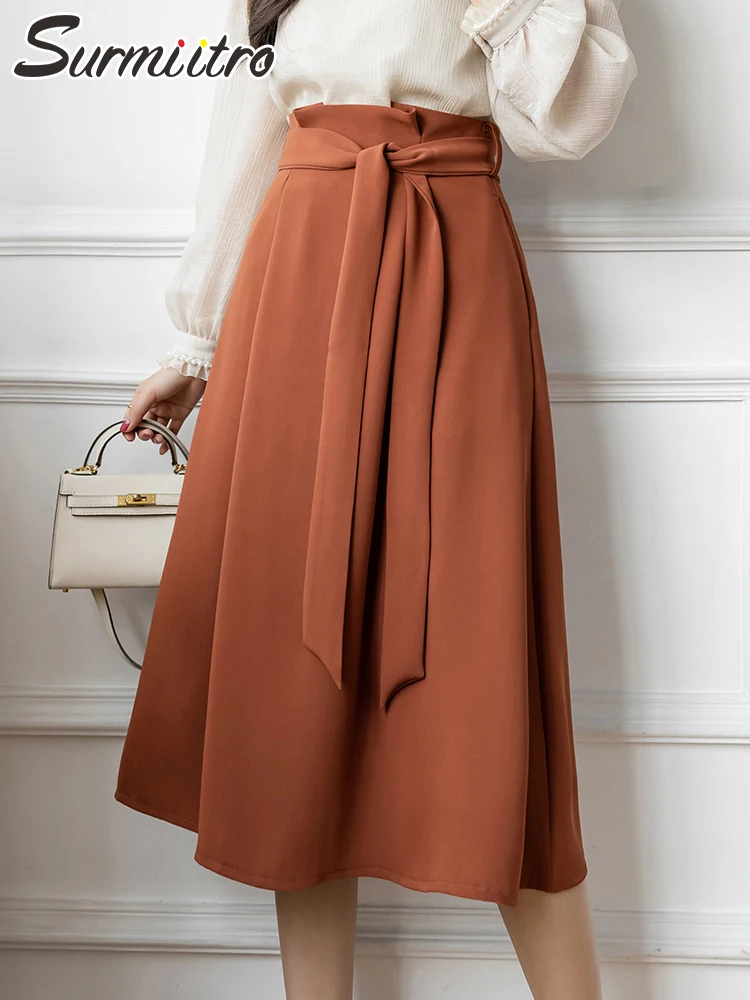 

SURMIITRO 2022 Spring Summer Korean Fashion Women Midi Knee Office High Bud Waist A Line Pleated Suit Skirt Female With Belt