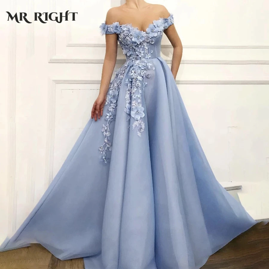 

3D Flowers Applique Prom Dress Crystals Off the Shoulder Lace Up Back Sexy Evening Gown Party Robe