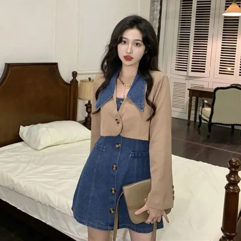 

Women's New Style Fashion Casual Long Sleeve Blazer Suspender Classic Denim Skirt Solid Color Korean Chic Elegant Coats