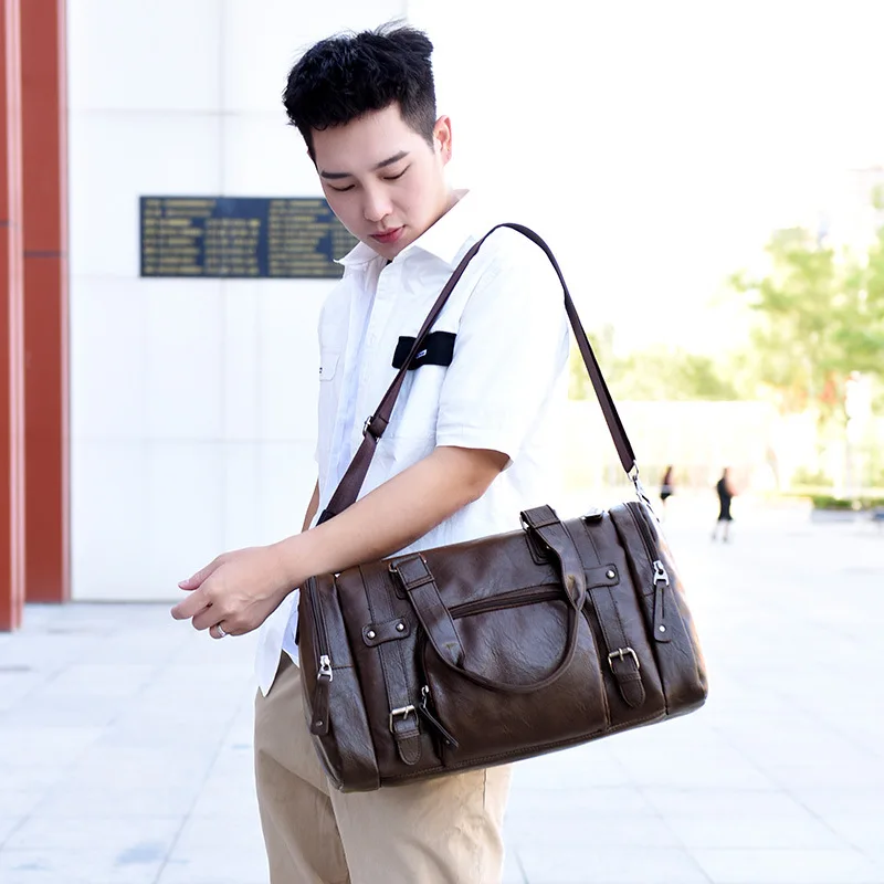 Business Men's Travel Bag Leather Shoulder Bag Men's Luggage Bag Storage Bag Waterproof Fitness Bag Weekend Bag