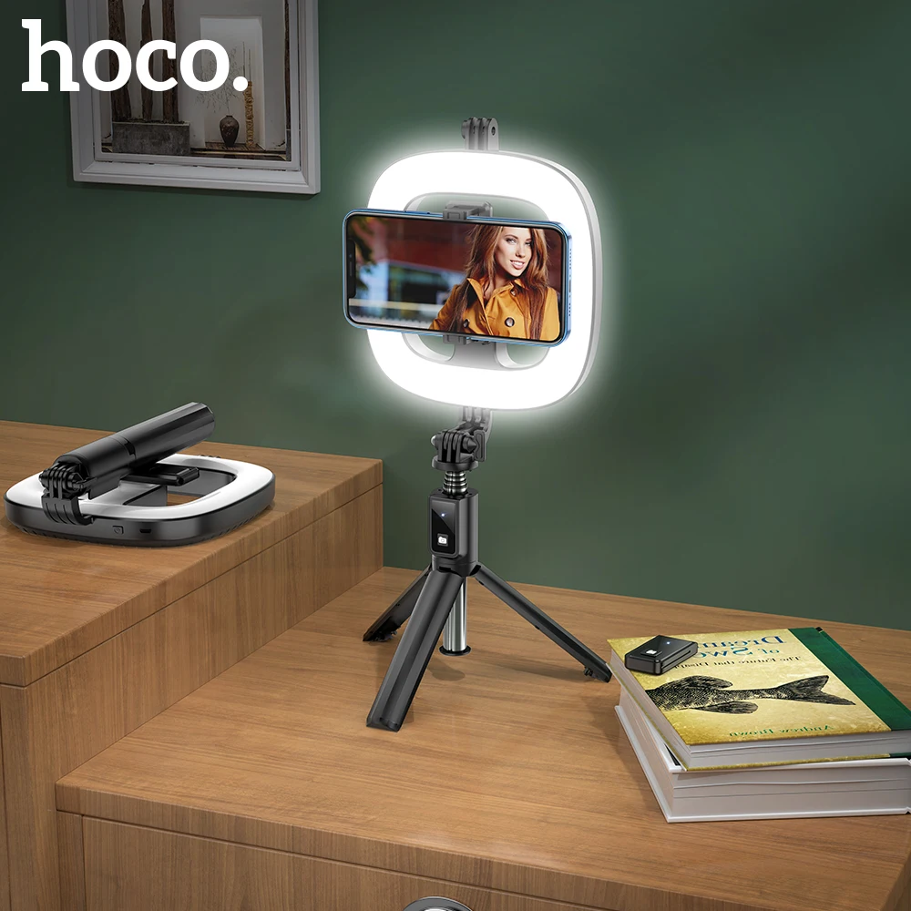 

Кольцевой светильник HOCO со штативом, держатель для телефона, 3 осветительных кольца для селфи, беспроводной ручной монопод с Bluetooth для iPhone