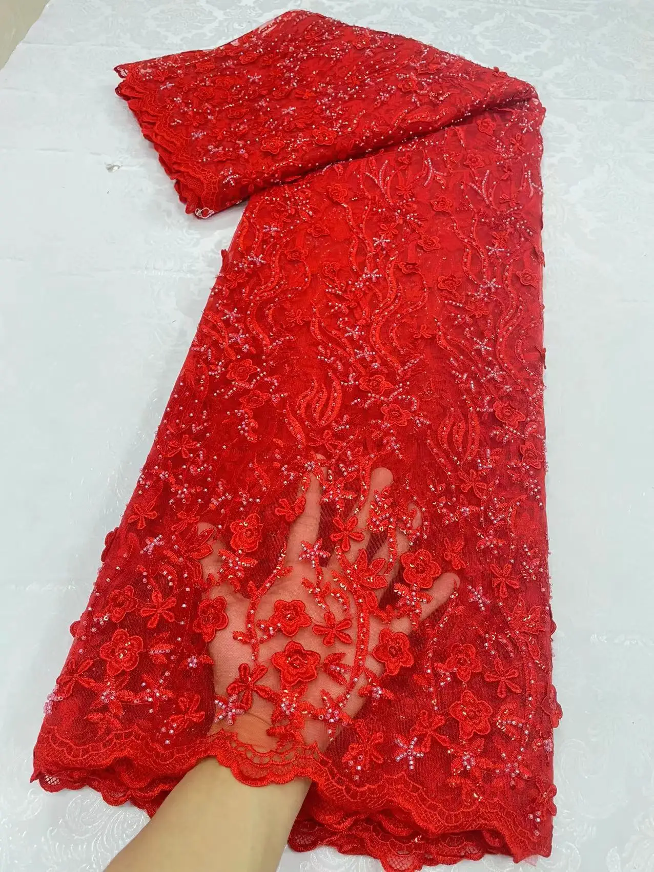 

5Yards African Dubai Fabrics Embroidery By The Meter Party Dresses Mesh Sequins Tulle For Women Sewing Red Beaded Lace Fabric