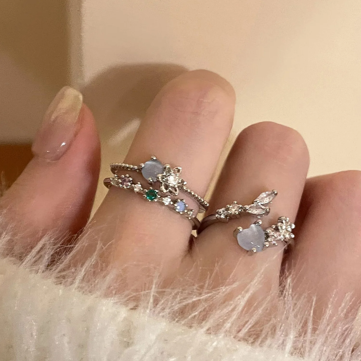 Блестящие кольца YK2 в форме сердца с голубым опалом для женщин стиле K-POP готика