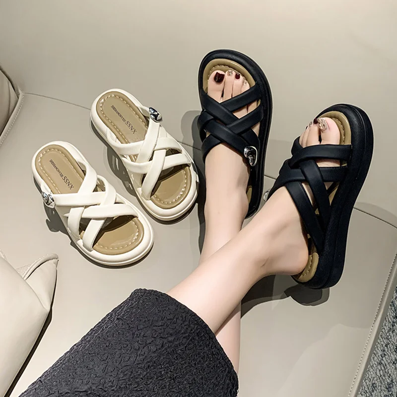 

Женские шлепанцы из ПУ кожи, римские тапки на плоской платформе, резиновая обувь, для дома