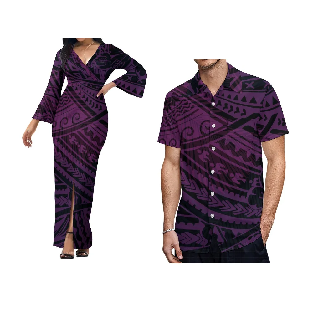 Pacific Islands Custom Clothing Couple Suit Polynesian Traditional Print Fashion Shirt Sexy V-Neck Tight Skirt Slit Design