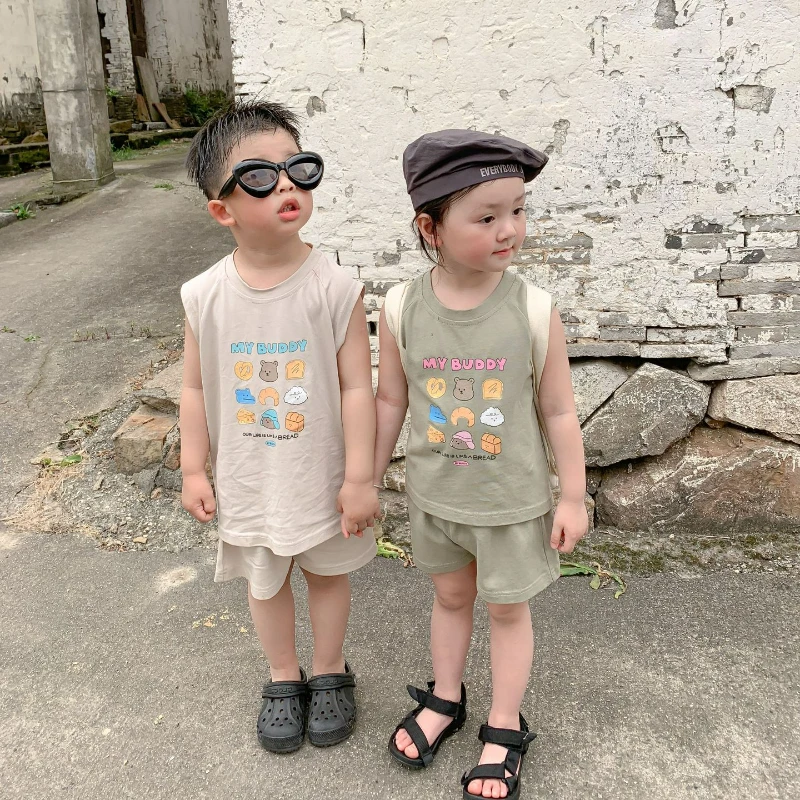 

Одежда для брата и сестры, Новинка лета 2023, детский трикотажный костюм с героями мультфильмов в Корейском стиле, костюм из двух предметов для девочек и мальчиков
