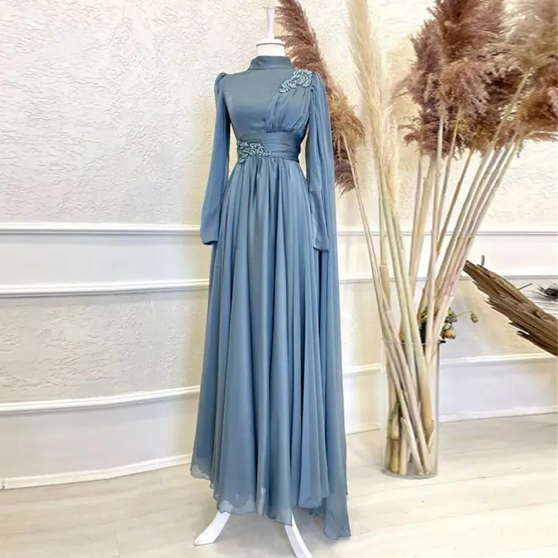 Фото Funyue A-Line Chiffon Blue Prom Gown Vestidos De Noite Beaded Long Sleeves Formal Dress Arabic Dubai Arabic Evening Dresses №1