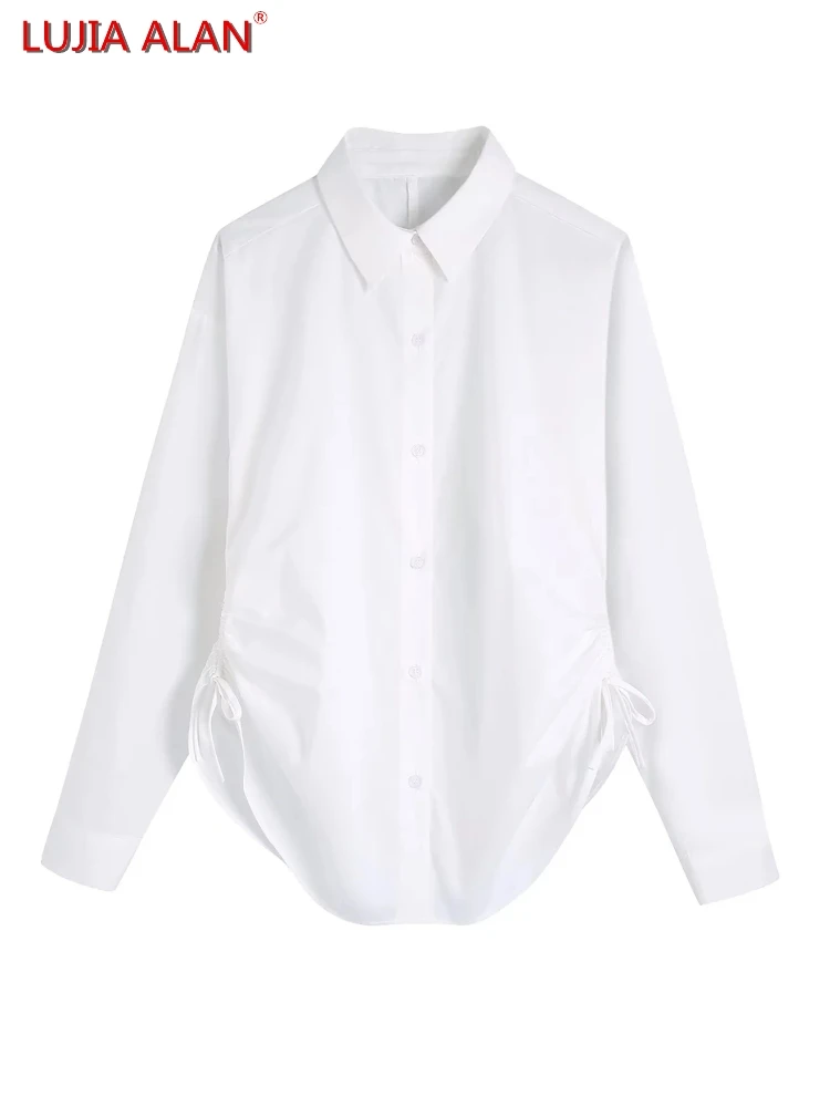 

New Women Hot Sale Drawstring Design Long Sleeve Lapels Casual Loose White Shirt LUJIA ALAN B826