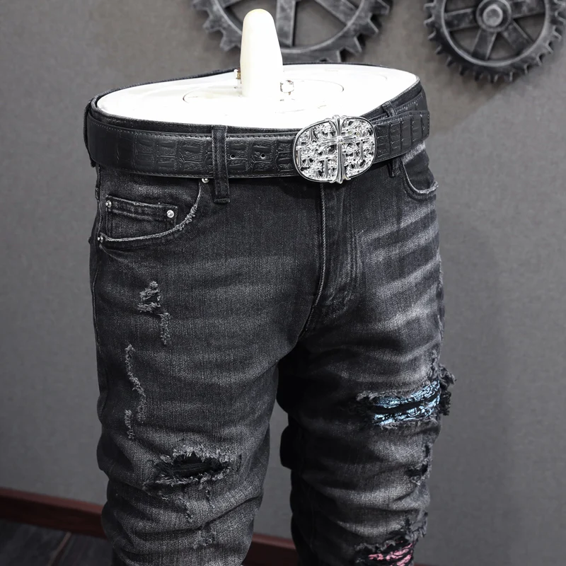 Fashion Streetwear Men Jeans Retro Black Gray Elastic Stretch Skinny Ripped Jeans Men Patched Designer Hip Hop Brand Pants Homme