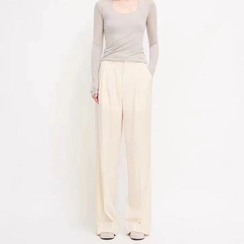 2022 Autumn Apricot Lined Lightproof Simple Loose Wool High Waist Wide Leg Pants