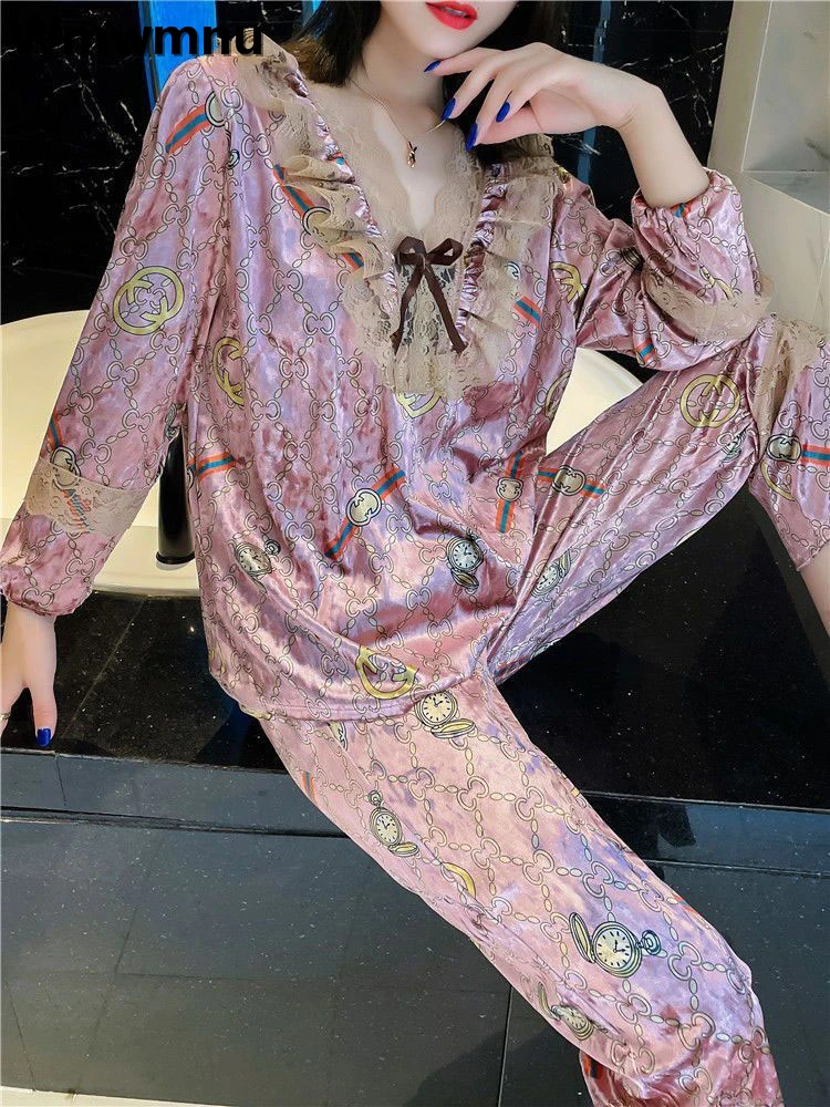

Velvet Lace Print Pajama Sets Womens Loose Long Sleeve Sleepwear 2 Piece Conjunto Spring Casual Soft Pants Nightwear Suits