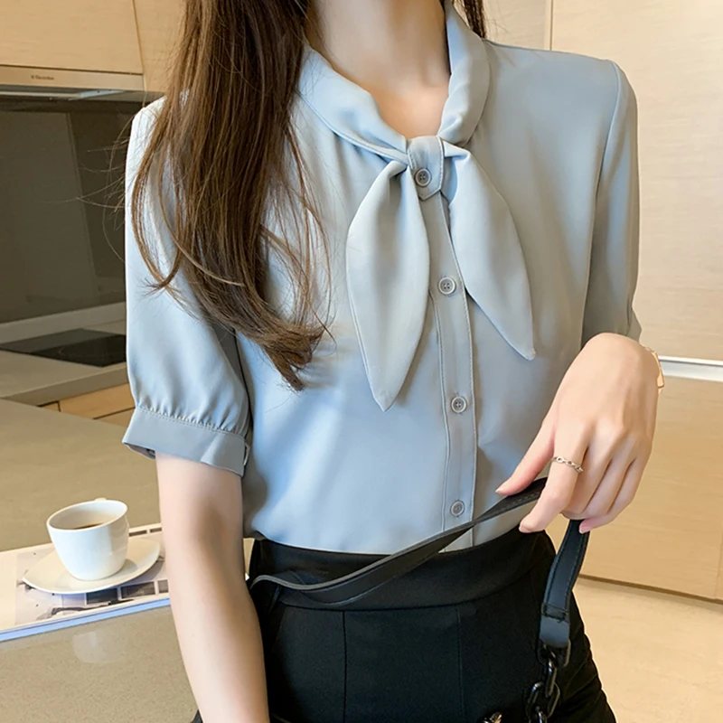 

Shintimes New Bow Chiffon Blouse Button Shirt Women Summer Tops 2022 Casual White Shirts Womens Short Sleeve Blue Woman Clothes