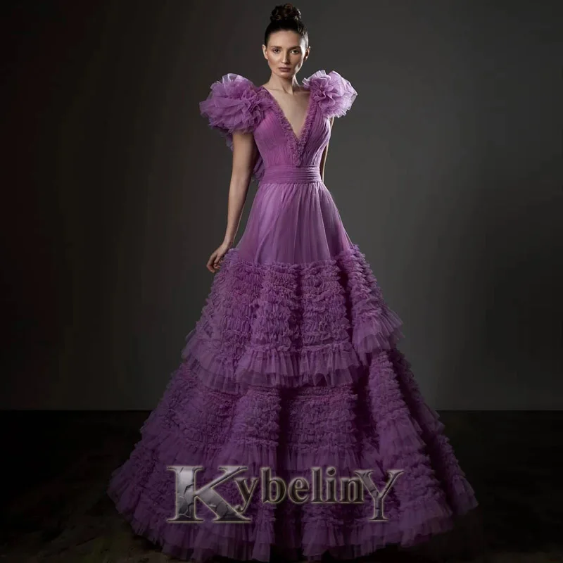 

Kybeliny Purple Tiered Evening Dresses V-Neck Backless Prom Robe De Soiree Graduation Celebrity Vestidos Fiesta Women Formal