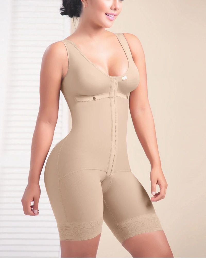 Short Sleeveless Mid Back Shaping Bodysuit Bra Eye N Hook Shapewear Tummy Control Post Op Fajas For Women