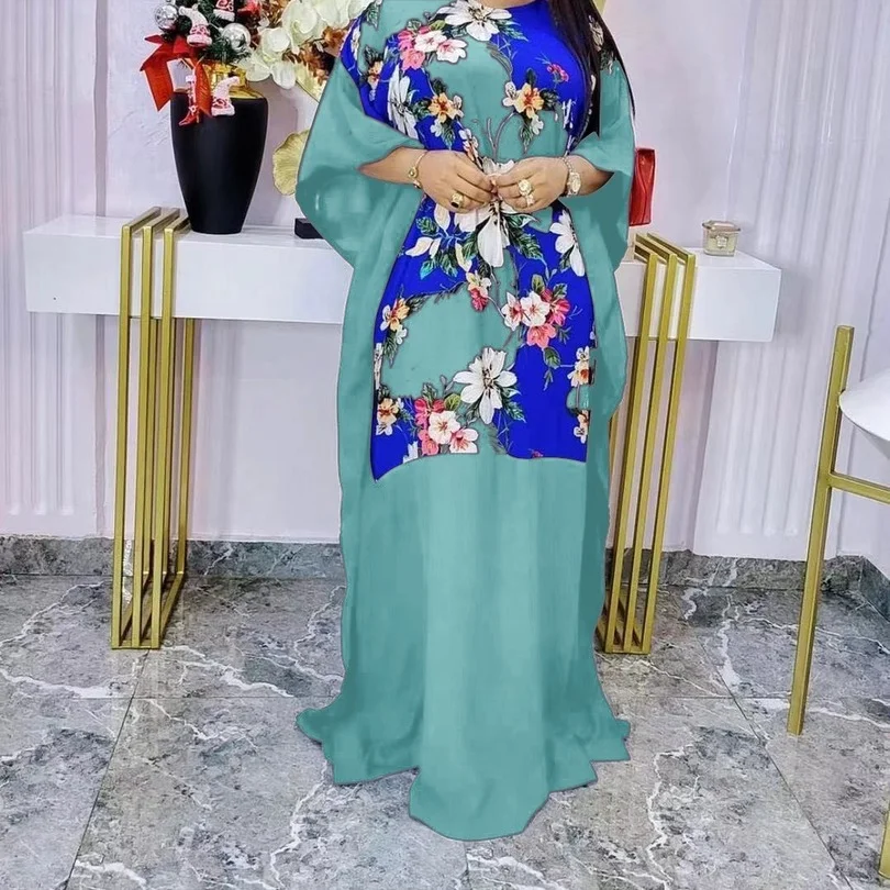 

Африканские платья для женщин, лето 2022, африканские женские платья с круглым вырезом и принтом из полиэстера, Зеленое Длинное Платье, африка...