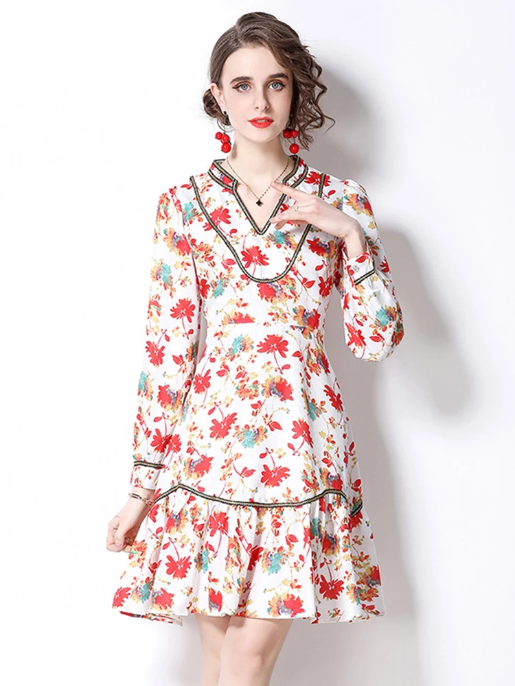 

Truerolory Floral Dress For Women V-Neck Long Sleeve High Waist Floral Print Ruffles Mini Dress Female 2022 Spring Clothes S8764