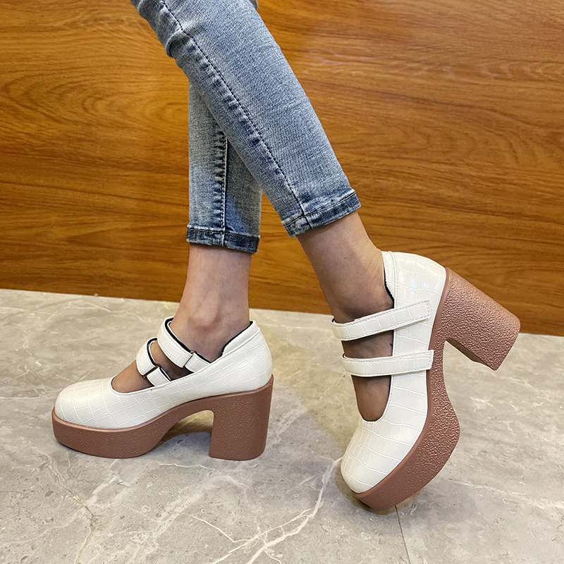 

2022 Spring New High Heels Women's Shoes Fashion Waterproof Platform Thick Heel Square Toe French Retro Mary Jane Shoes Women