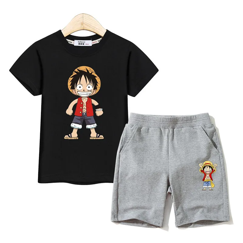 

New Anime Costume Kids Short Sleeve Set Luffy Boys T-shirt Shorts 2pcs Summer Outfit 3-14T