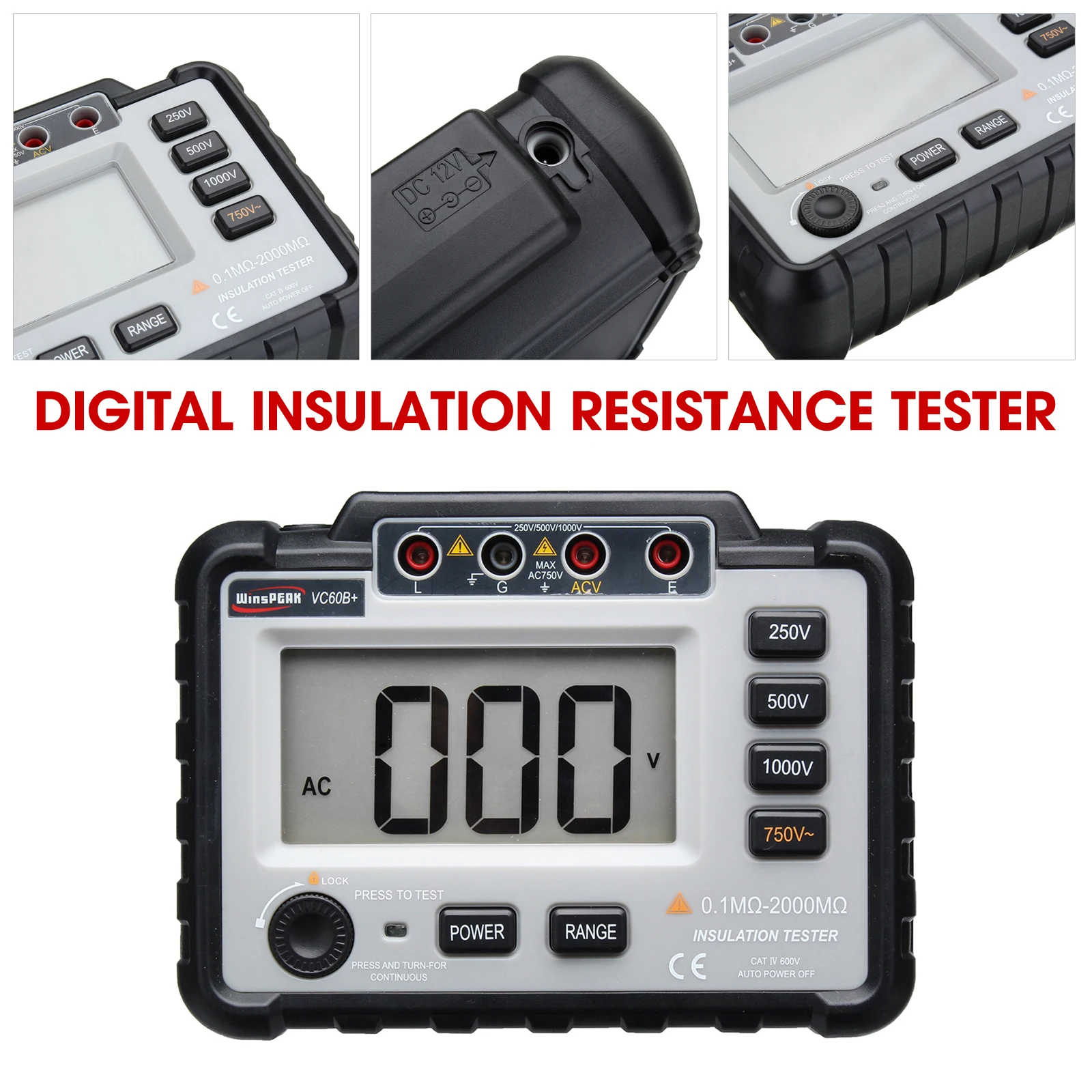 

VC60B+ Digital Insulation Tester 250V 500V 1000V DC Voltage Short Circuit Input Alarm Megger MegOhm Resistance Meter