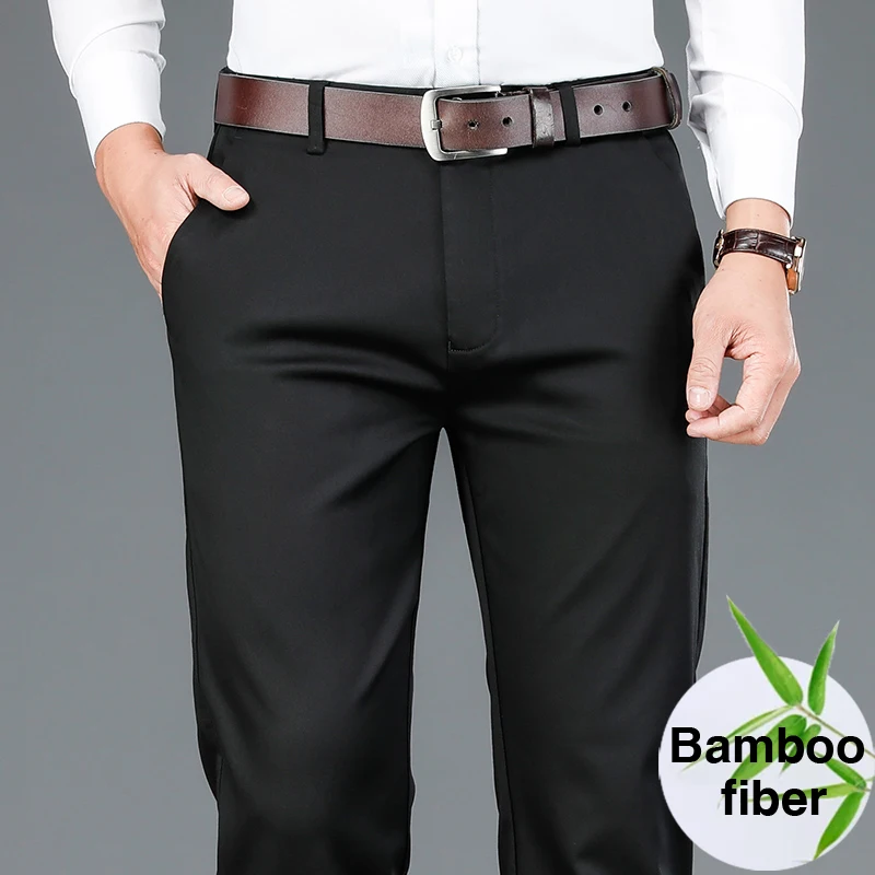 Pantalones informales de fibra de bambú para hombre, Pantalón de algodón elástico, color caqui, estilo clásico, a la moda, Primavera, 2022
