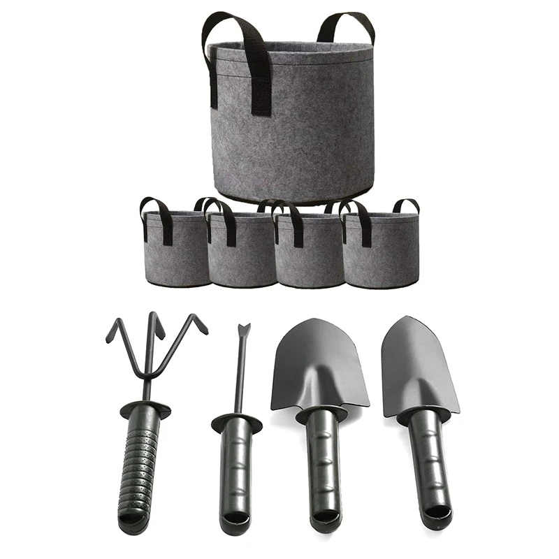 

5Pcs 7 Gallon Grow Bags Heavy Duty Fabric Planting Pots With 4Pcs Flower Planting Soil Shovel Rake Fork Trowel Kit