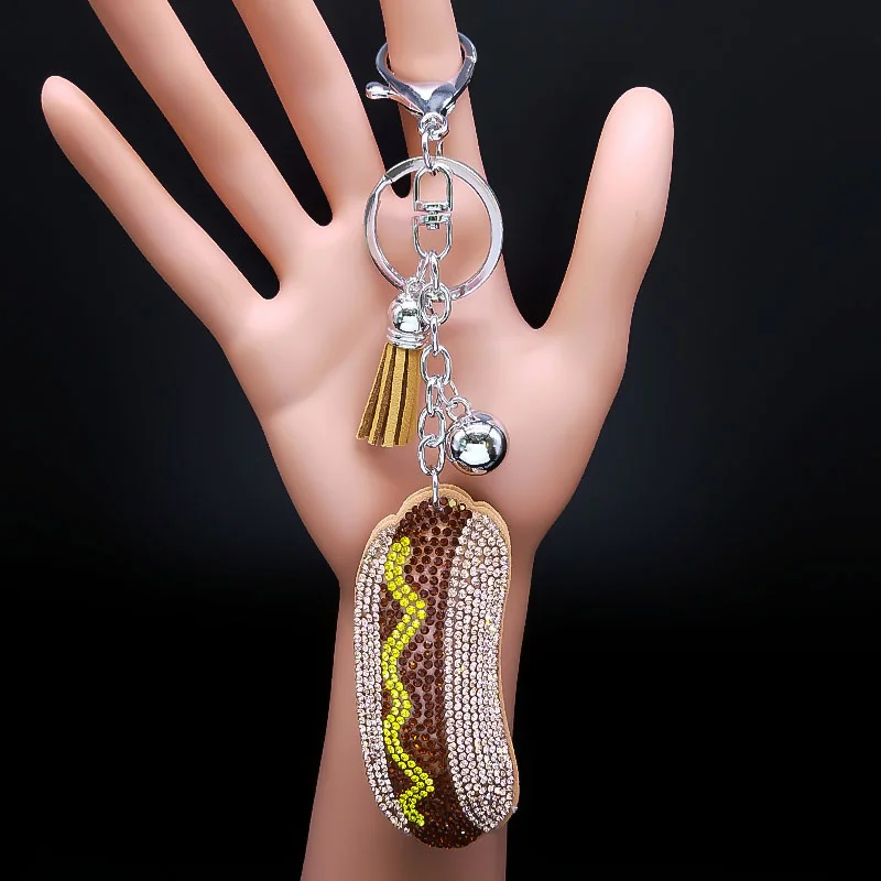 

Hot Dog Keyring Holder Crystal Tassel Silver Color Food Keychain Bag Accessories Women Girls Party Jewelry porta chaves mulher