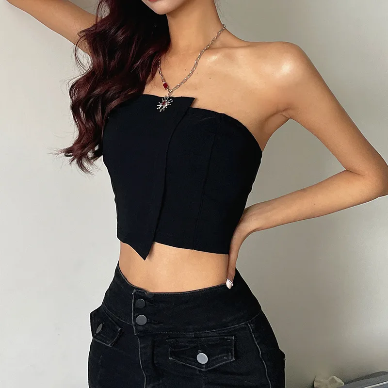 

Hsa Women Sexy Strapless Single Breasted Denim Tube Corset Summer Ladies Back Irregular High Waist Wrap Chest Crop Vest Tops