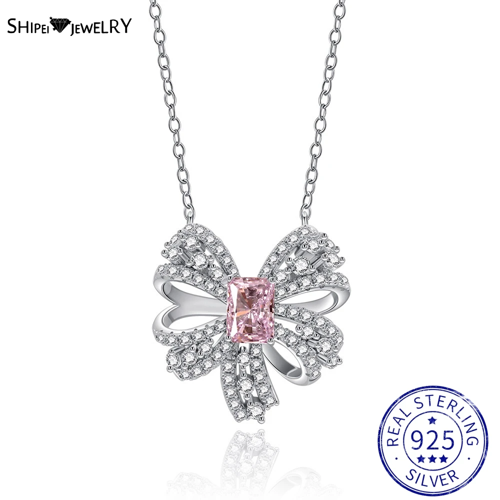 

Shipei 100% 925 Sterling Silver Created Moissanite Pink Sapphire Bowknot Pendant Necklace Fine Jewelry Emerald With Certificate