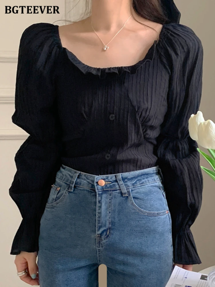 

BGTEEVER Fashion Elegant Square Collar Women Solid Blouses 2022 Autumn Full Sleeve Single-breasted Female Shirts Ladies Tops