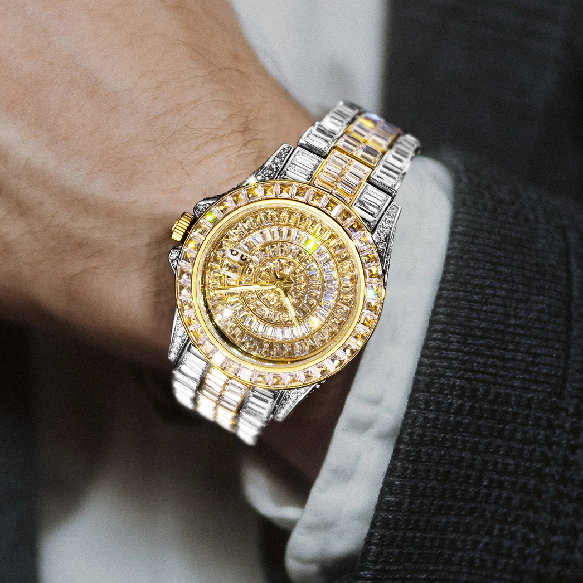 New Fashion Brand  Quartz Watch For Men Luxury Full Baguette Moissanite Gold Silver Clocks Automatic Date Waterproof Wristwatch enlarge