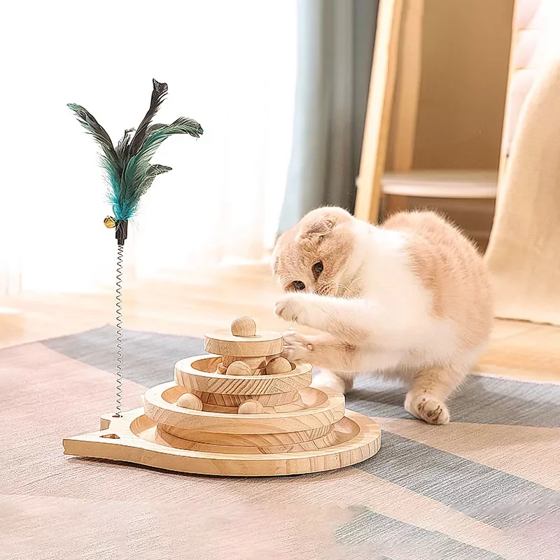 

Pet Cat Turntable Solid Wood Ball Toy Funny Cats Stick for Kitten Interactive Non-Slip Training Tower Tracks Pets Products