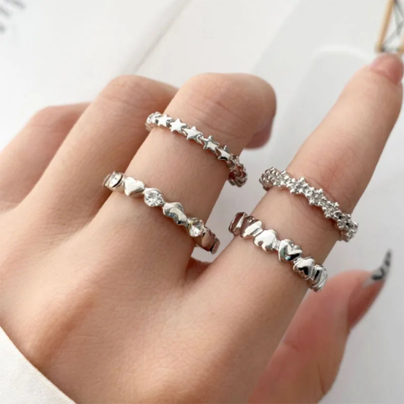 

Punk Silver Chain Ring Set Ladies Fashion Irregular Finger Thin Ring Gift Women Knuckle Jewelry Party